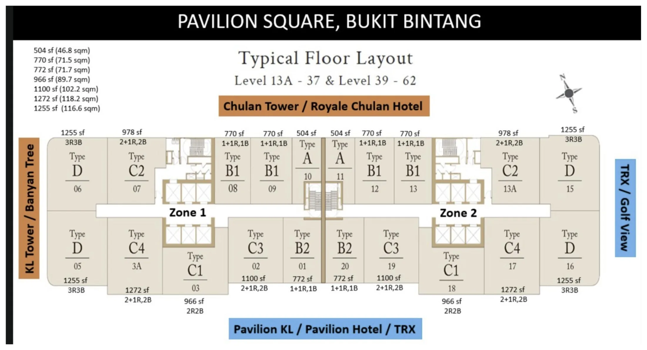 Pavilion Square typical floor layout, Types A to D
